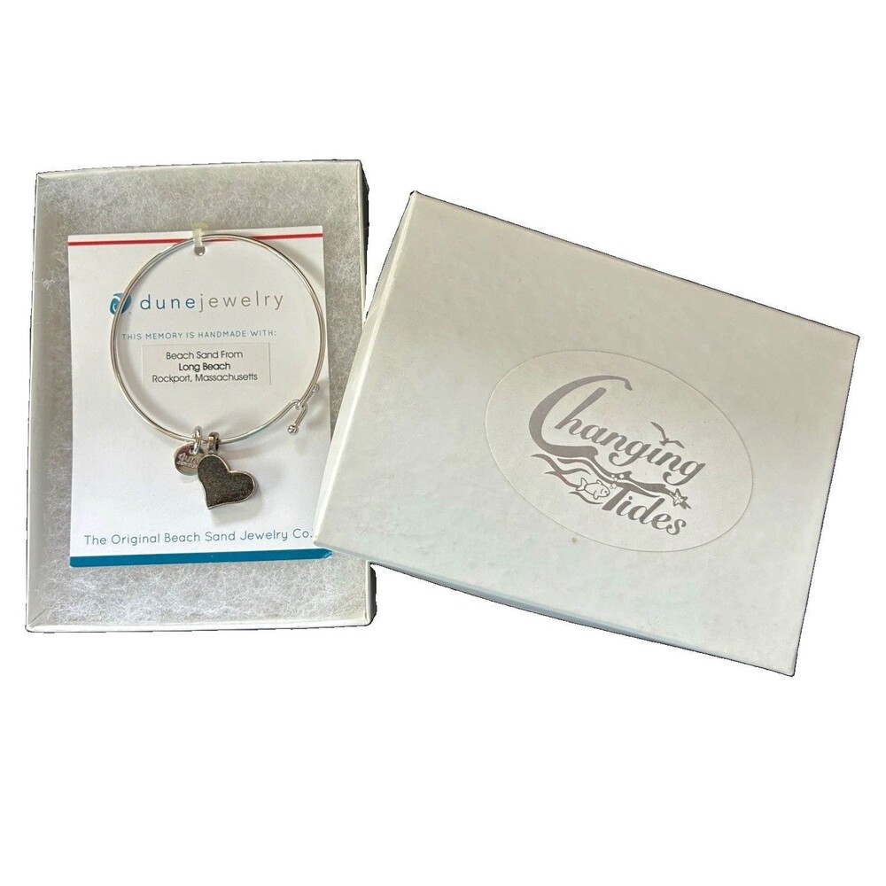 Dune Jewelry Silver Heart Charm Bangle with Sand  from Long Beach, Rockport, MA